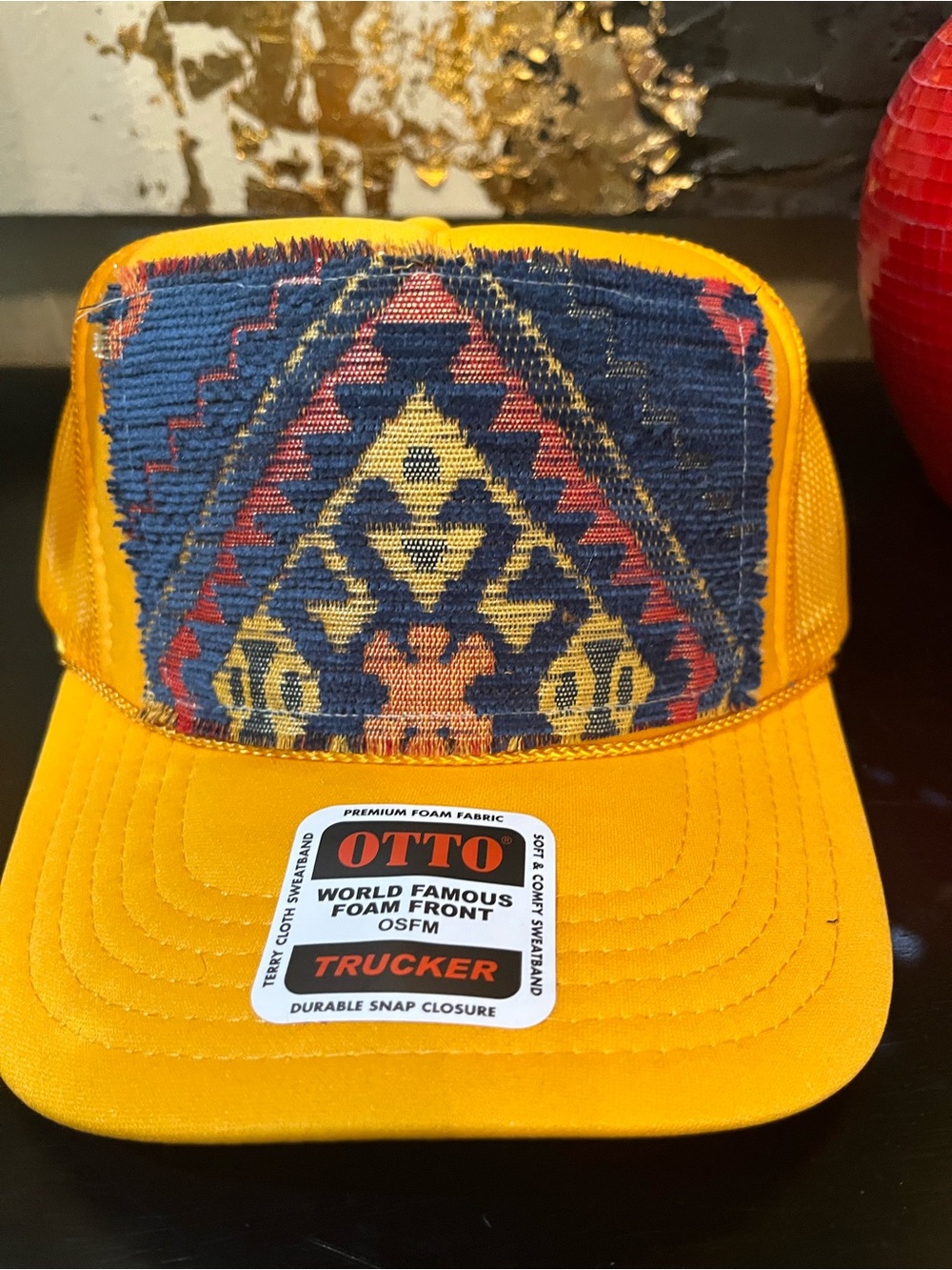Kilim Patch Yellow Trucker Hat with Blue & Red Geometric Front
